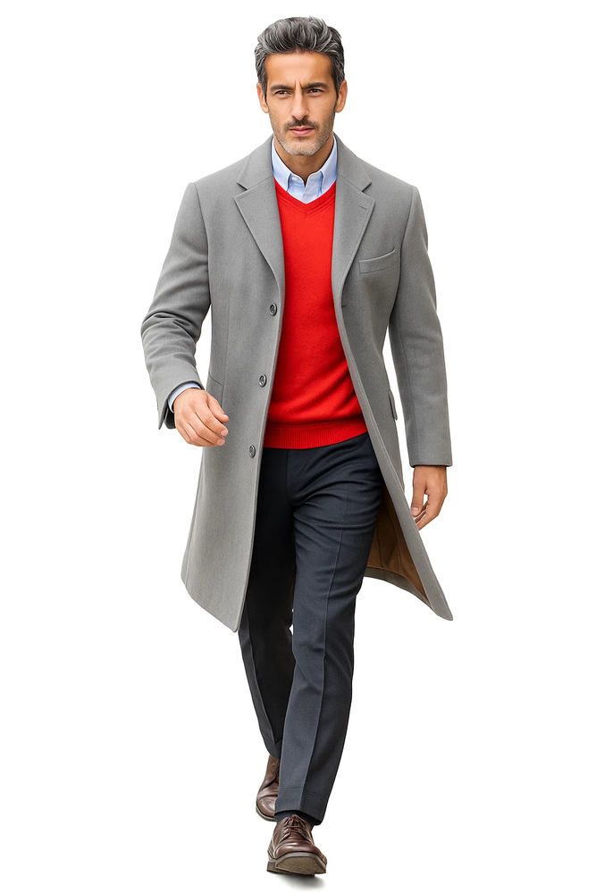 Men's Dress Coat Light Gray 3 Button full length Overcoat ~ Long Men's Dress Topcoat - Winter coat (Cashmere Touch (not cashmere))