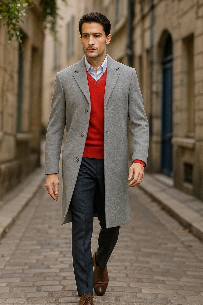 Men's Dress Coat Light Gray 3 Button full length Overcoat ~ Long Men's Dress Topcoat - Winter coat (Cashmere Touch (not cashmere))