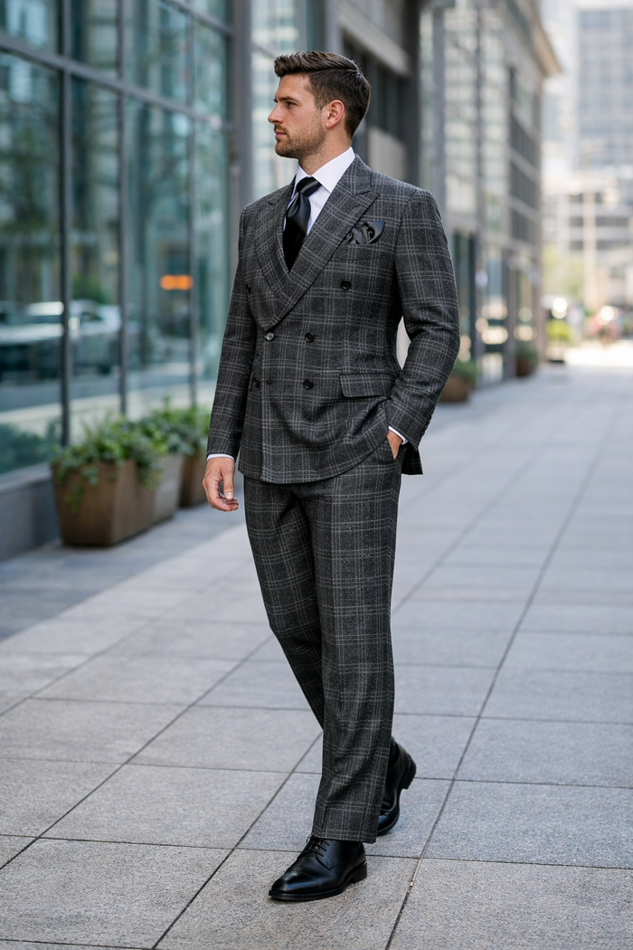 Rossiman Imperial Charcoal Plaid Double Breasted Suit