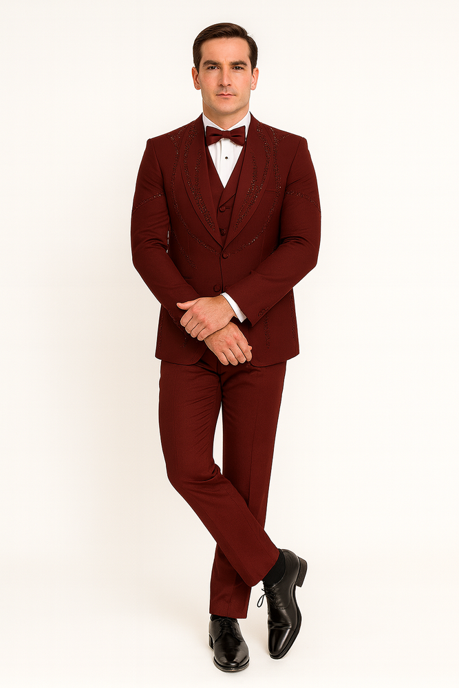 Men’s Burgundy Italian Wool 3-Piece Modern Formal Tuxedo