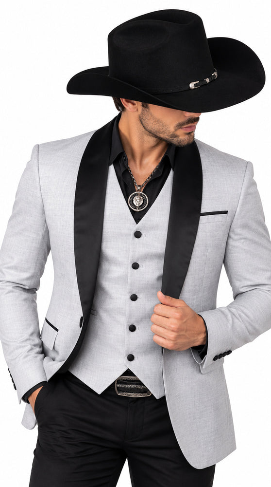 Men's Grey & Black Collar Luxury 3-Piece Suit Set