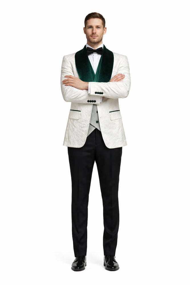 Ivory and Hunter Green Tuxedo Dinner Jacket Wide Velvet Groom Tuxedo Jacket - Prom 2026 Blazer