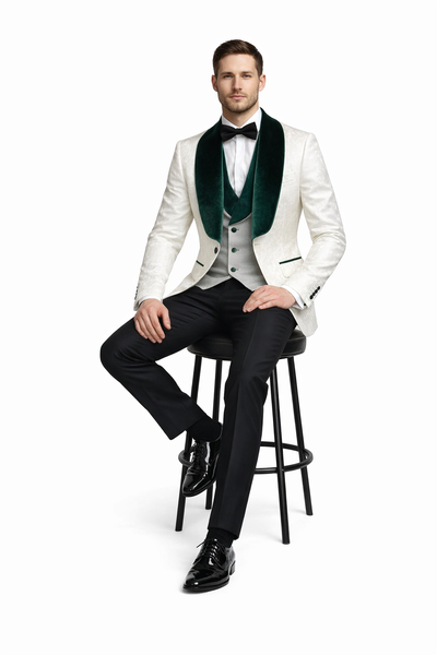 Ivory and Hunter Green Tuxedo Dinner Jacket Wide Velvet Groom Tuxedo Jacket - Prom 2026 Blazer