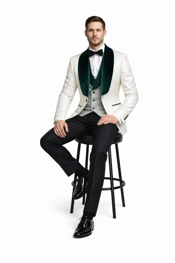 Ivory and Hunter Green Tuxedo Dinner Jacket Wide Velvet Groom Tuxedo Jacket - Prom 2026 Blazer