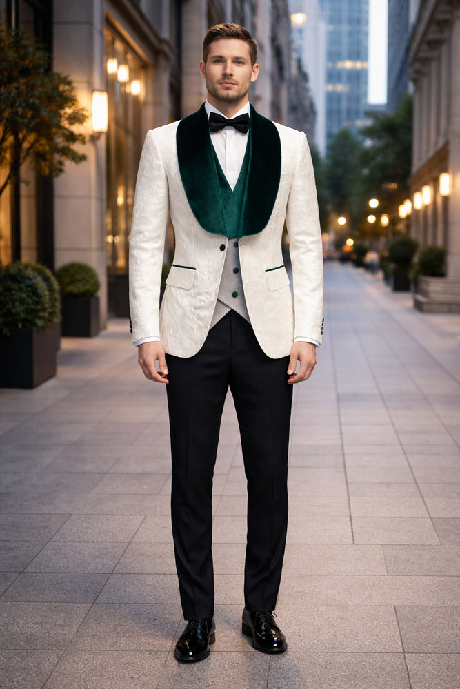 Ivory and Hunter Green Tuxedo Dinner Jacket Wide Velvet Groom Tuxedo Jacket - Prom 2026 Blazer