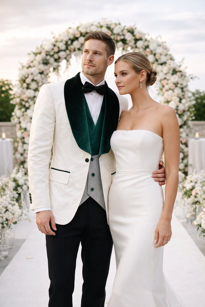 Ivory and Hunter Green Tuxedo Dinner Jacket Wide Velvet Groom Tuxedo Jacket - Prom 2026 Blazer