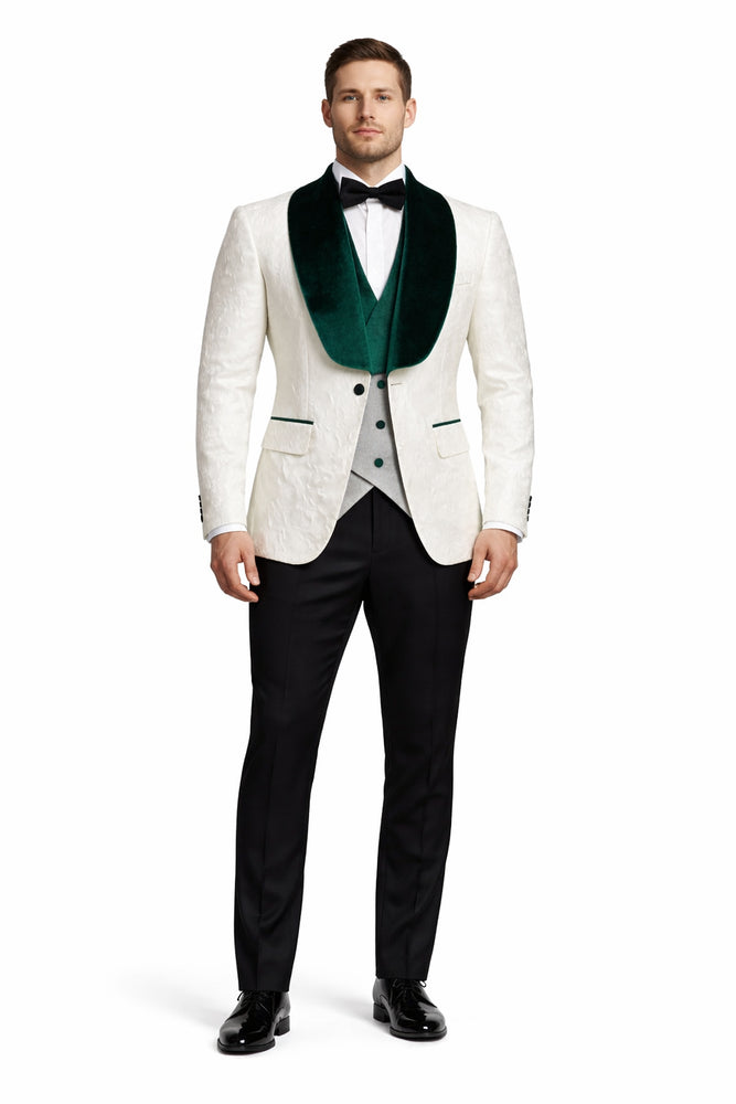 Ivory and Hunter Green Tuxedo Dinner Jacket Wide Velvet Groom Tuxedo Jacket - Prom 2026 Blazer