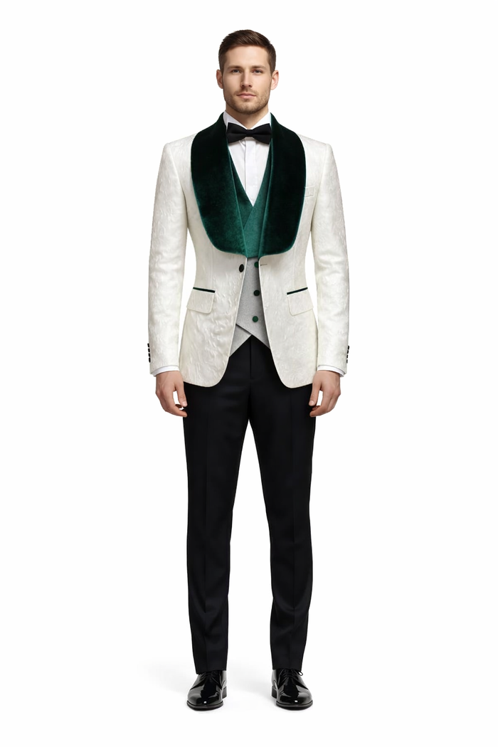 Ivory and Hunter Green Tuxedo Dinner Jacket Wide Velvet Groom Tuxedo Jacket - Prom 2026 Blazer
