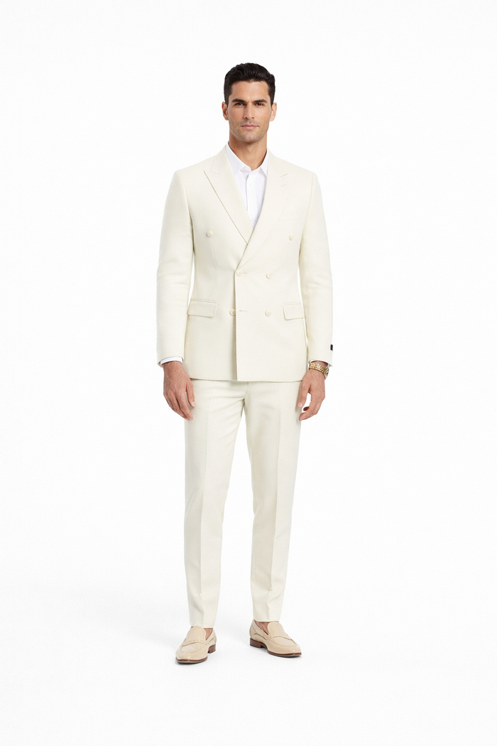 Ivory Double Breasted Linen Suit - Cream Color Summer Suit