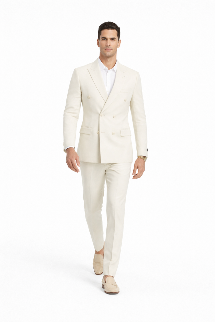 Ivory Double Breasted Linen Suit - Cream Color Summer Suit