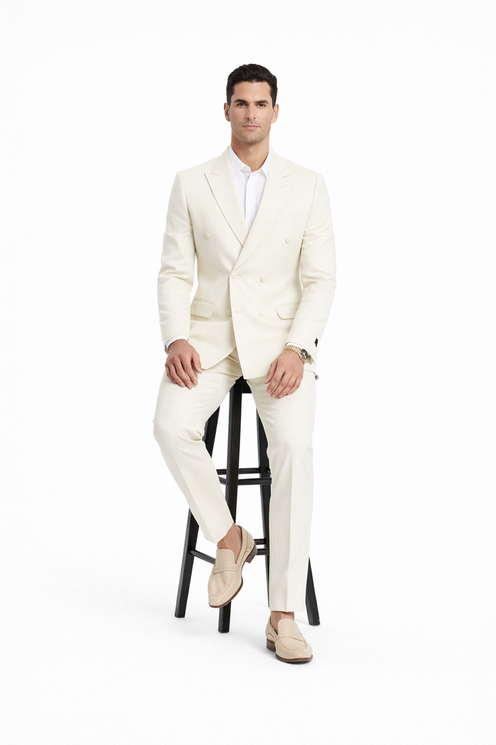 Ivory Double Breasted Linen Suit - Cream Color Summer Suit
