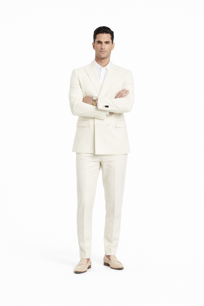 Ivory Double Breasted Linen Suit - Cream Color Summer Suit