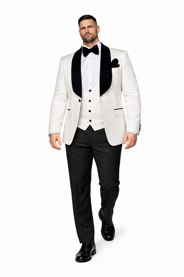 Ivory Noir Velvet-Lapel 3-Piece Tuxedo by Rossiman