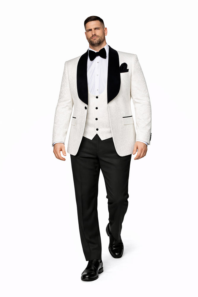 Ivory Noir Velvet-Lapel 3-Piece Tuxedo by Rossiman