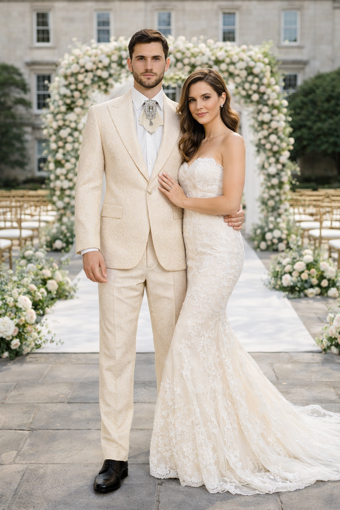 Ivory Majestic Jacquard 3-Piece Royal Gala Suit by Rossiman