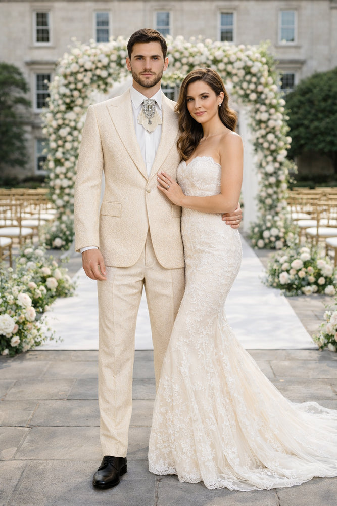 Ivory Majestic Jacquard 3-Piece Royal Gala Suit by Rossiman