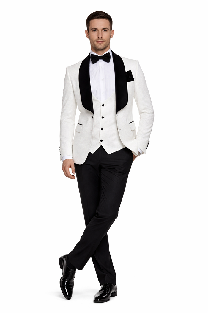 Ivory Noir Velvet-Lapel 3-Piece Tuxedo by Rossiman