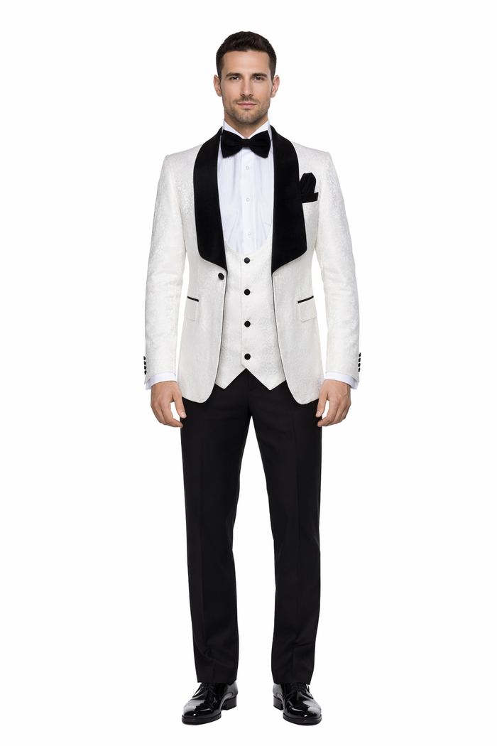 Ivory Noir Velvet-Lapel 3-Piece Tuxedo by Rossiman