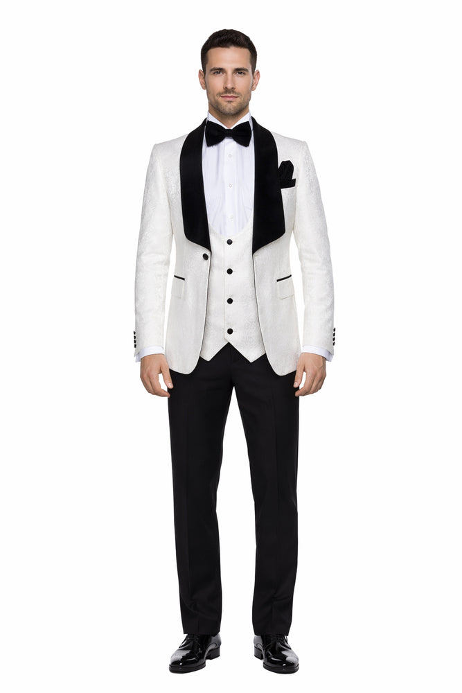 Ivory Noir Velvet-Lapel 3-Piece Tuxedo by Rossiman