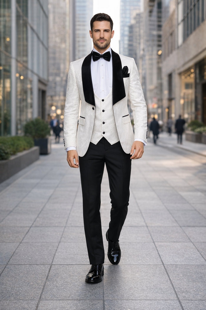 Ivory Noir Velvet-Lapel 3-Piece Tuxedo by Rossiman