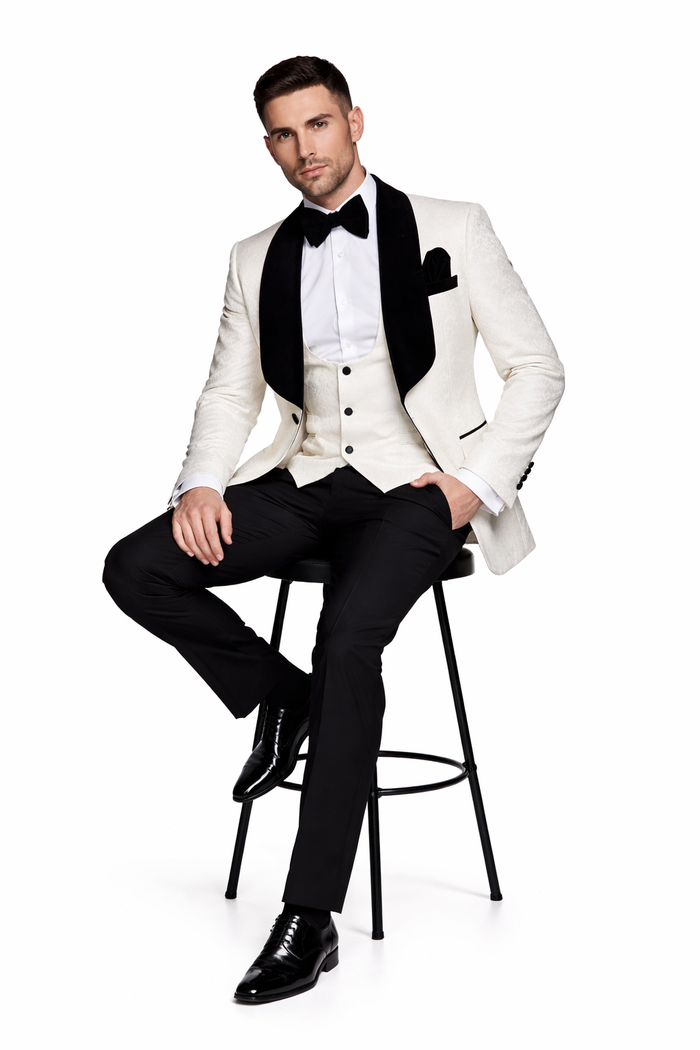 Ivory Noir Velvet-Lapel 3-Piece Tuxedo by Rossiman