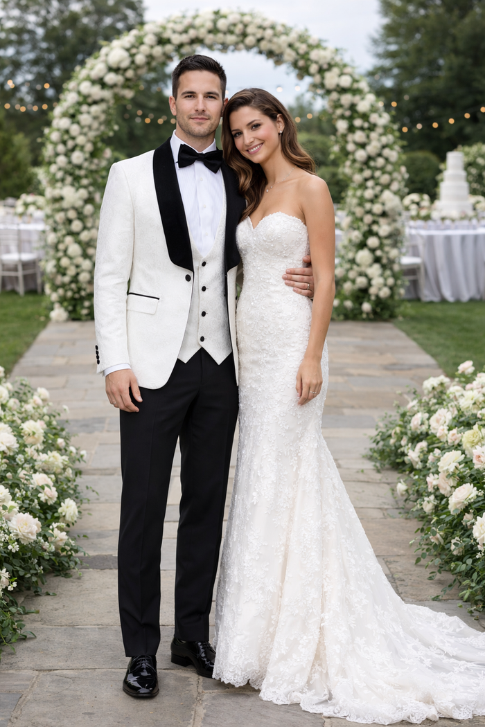 Ivory Noir Velvet-Lapel 3-Piece Tuxedo by Rossiman