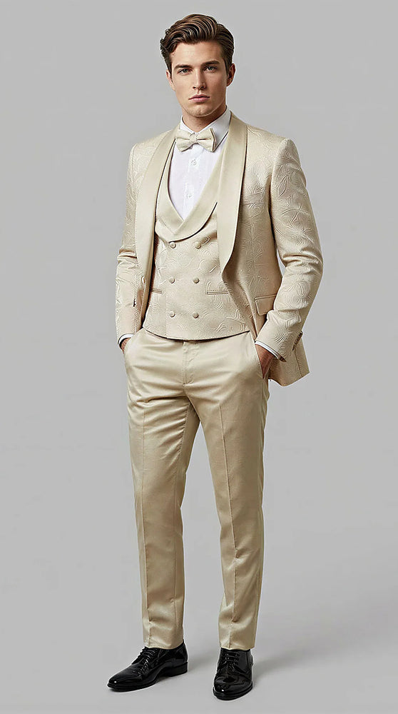 Tan Floral Shawl Lapel Tuxedo Set – Wedding & Prom