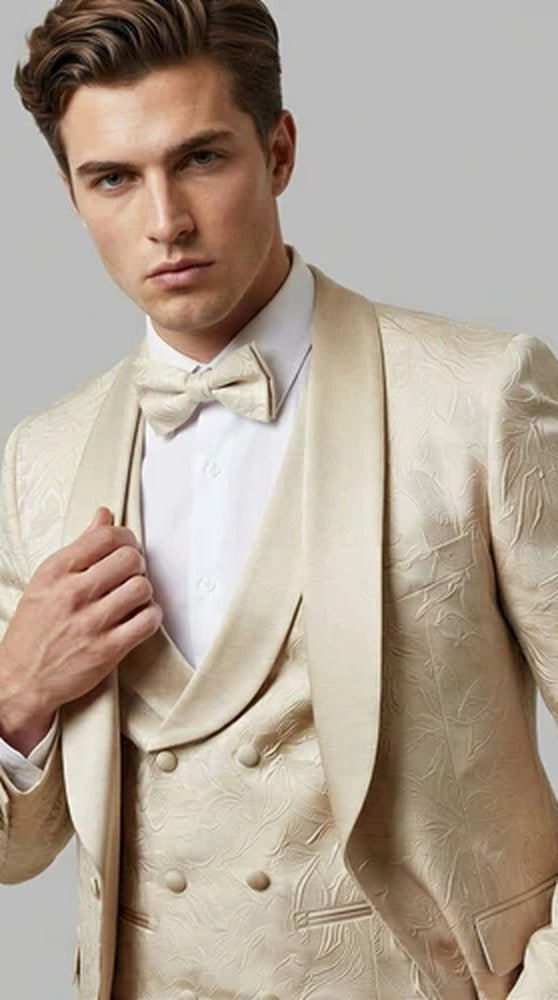 Tan Floral Shawl Lapel Tuxedo Set – Wedding & Prom