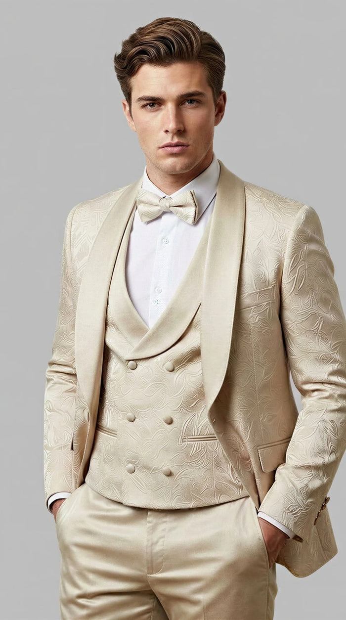 Tan Floral Shawl Lapel Tuxedo Set – Wedding & Prom