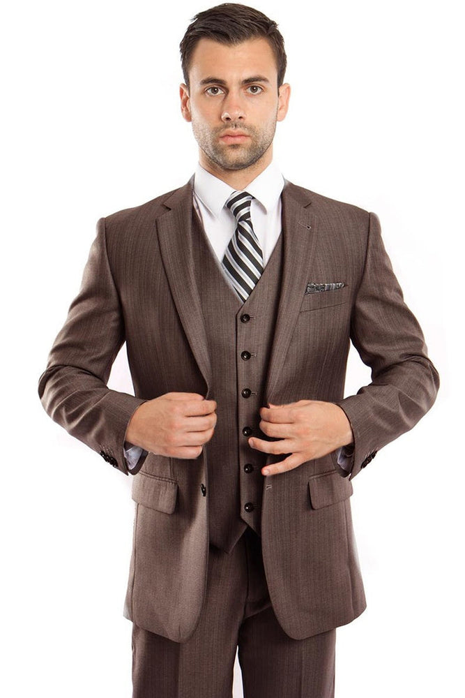 Men's Vested Sharkskin Business Suit in Brown