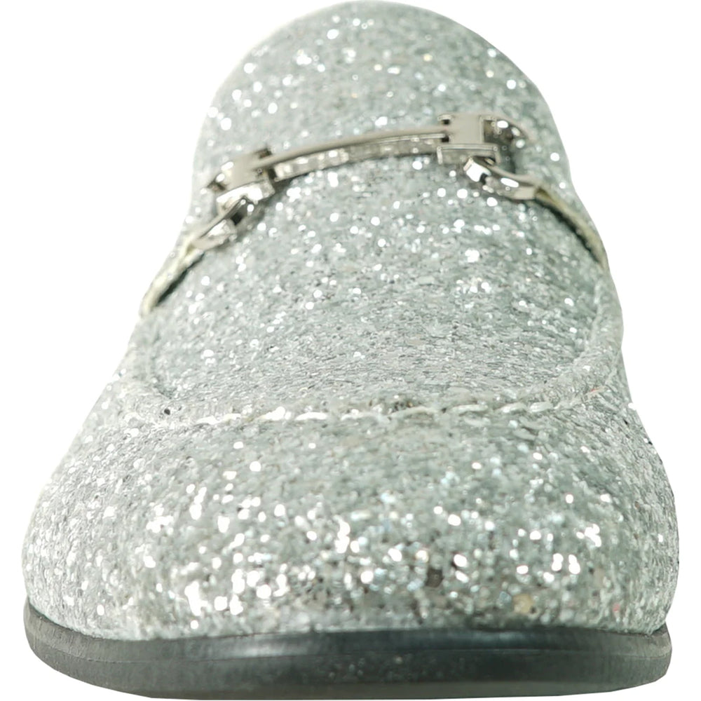 Bravo Mens Modern Glitter Sequin Prom Tuxedo Buckle Loafer in Silver Grey - Men's Dress Shoes