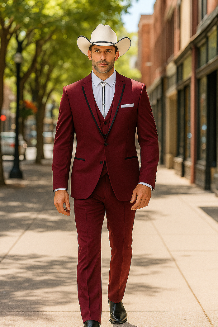 SKU#JA60892 Country Tuxedos Mens Traje Vaquero - Burgundy Tuxedo