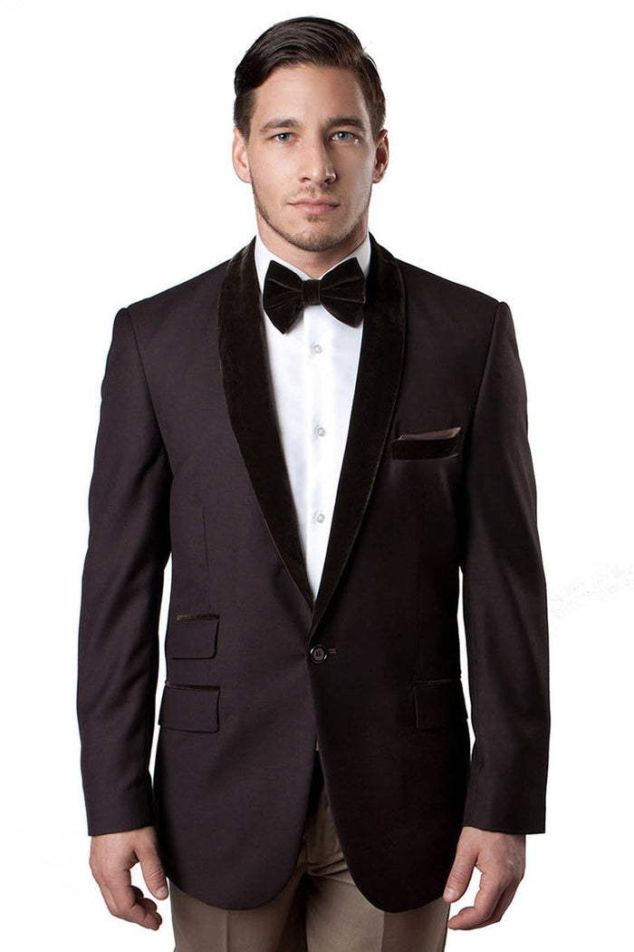 Men's Velvet Shawl Collar Tuxedo Jacket in Brown from Tazzio Suits