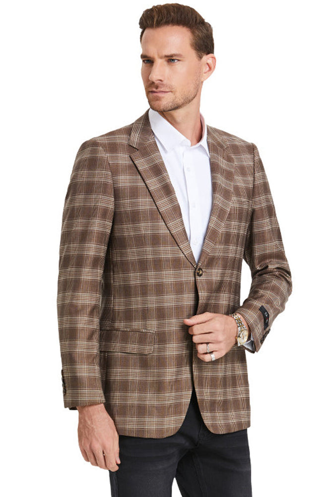 Men's Slim Fit Light Brown Glen Plaid Sport Coat