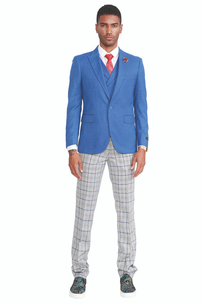 Men's French Blue Vested Suit with Plaid Pants