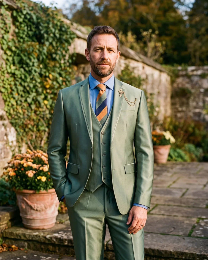 Men's Sage Solid Three Piece Suit