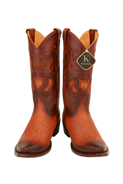 Men's King Exotic Snip Toe Sharkskin Boots Handcrafted Burnished Cognac (494RD0903)