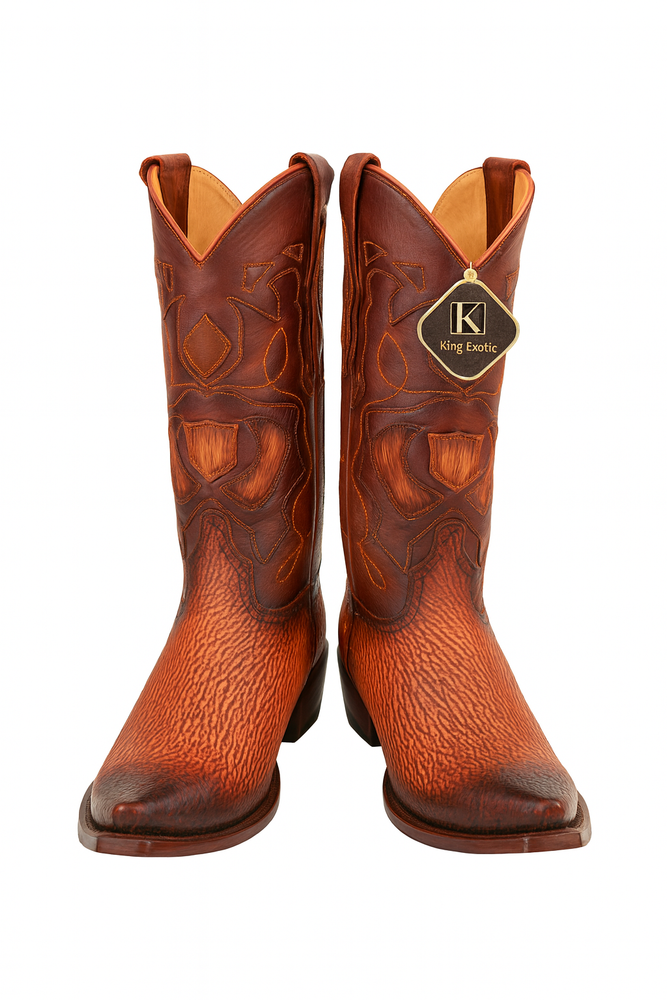 Men's King Exotic Snip Toe Sharkskin Boots Handcrafted Burnished Cognac (494RD0903)
