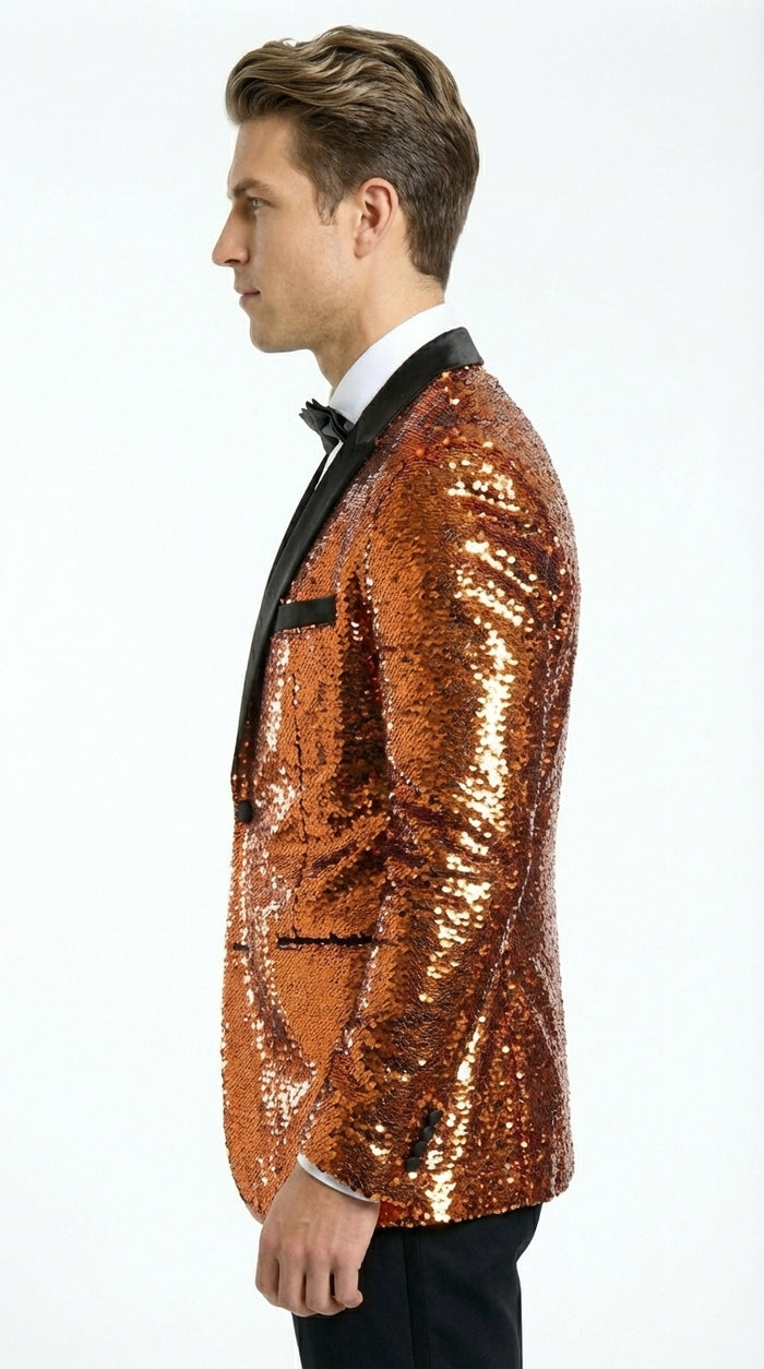 Mens Orange Sequin Blazer Tuxedo Dinner Jacket – Shiny Party Dinner Jacket with Black Lapel for Wedding, Prom, Stage Kingsman Jacket