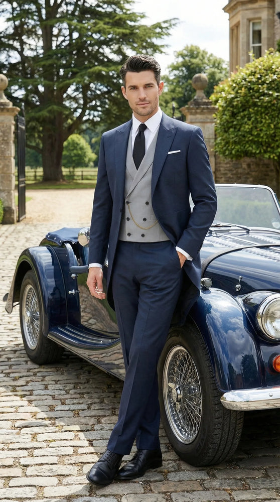 Men’s Navy Blue Three Piece Formal Suit – Cutaway Tuxedo Blazer Trousers for Wedding Tailcoat