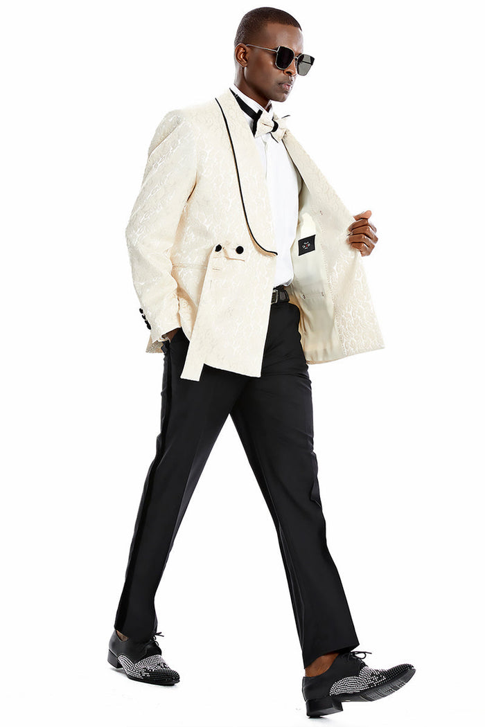 Men's Champagne Tan Paisley Slim Fit Smoking Jacket by Tazzio Suits