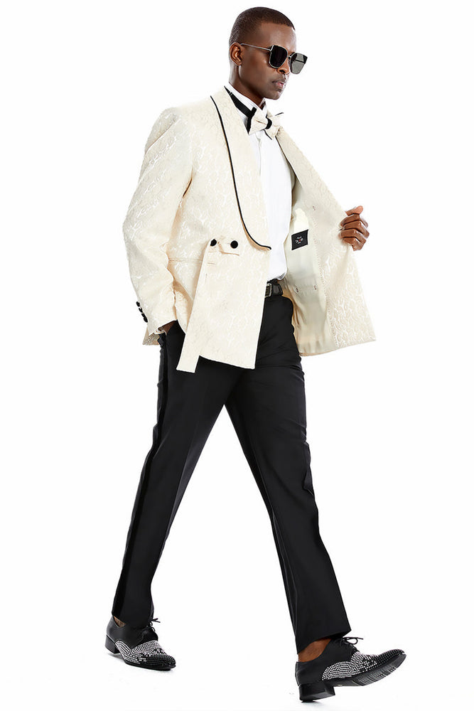Men's Champagne Tan Paisley Slim Fit Smoking Jacket by Tazzio Suits