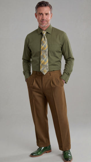 Mens Wide Leg Pants Classic Fit Pleated Pants in Color "Bronze" 20.5 inch bottom Pants come lined to the knee.
