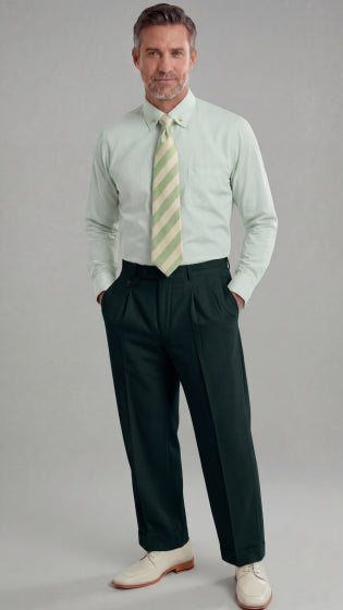 Mens Wide Leg Pants Classic Fit Pleated Pants in Color "Hunter Green" 20.5 inch bottom Pants come lined to the knee.