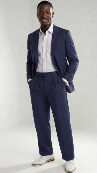 Mens Wide Leg Pants Classic Fit Pleated Pants in Color "Navy" 20.5 inch bottom Pants come lined to the knee.