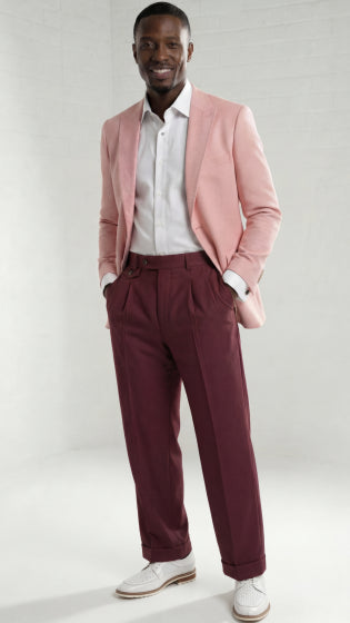 Mens Wide Leg Pants Classic Fit Pleated Pants in Color "Wine" 20.5 inch bottom Pants come lined to the knee.