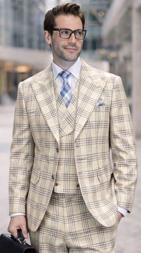 Statement Men's 3-Piece 100% Wool Tailored Fit Glen Plaid Suit - Double Breasted Vest - Tan