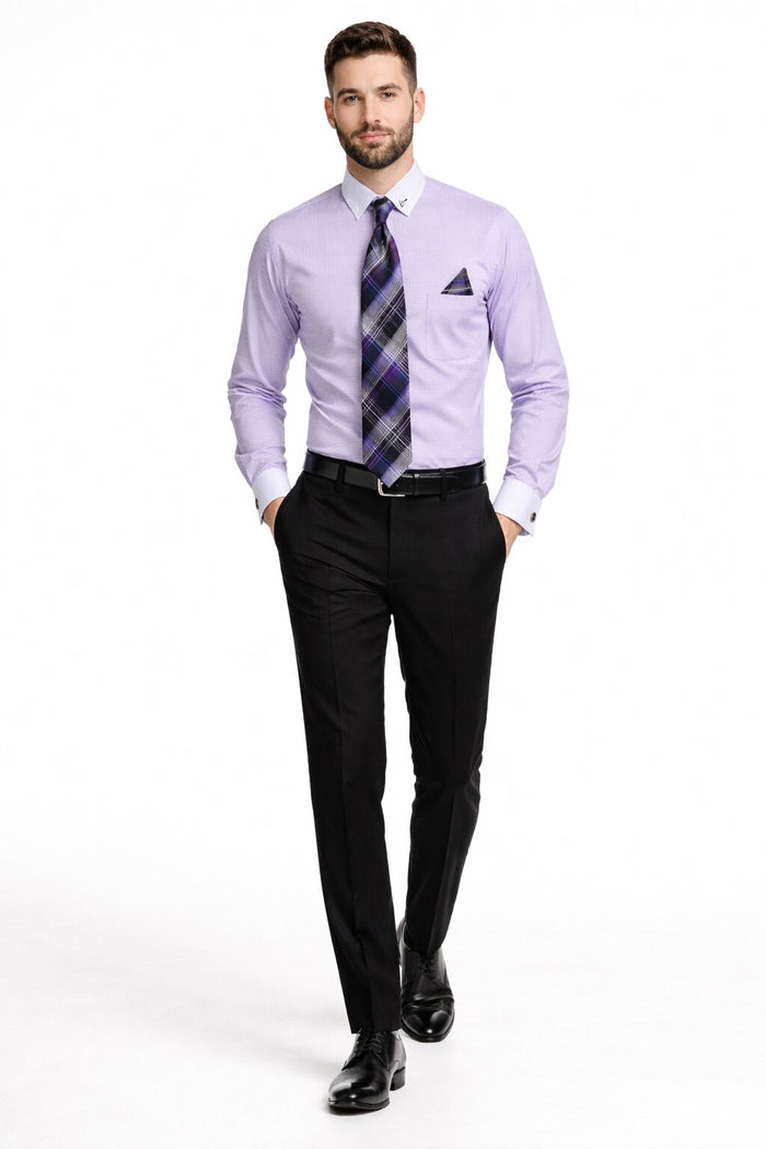 Lavender Pin Collar Dress Shirt With Collar Bar