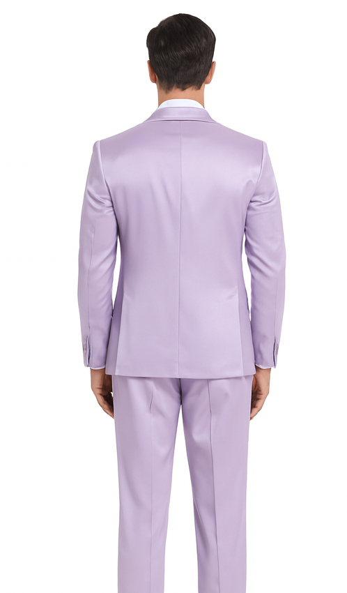 Lavender Satin 3 Piece Slim Fit Tazzio Men's Suit with Double Breasted Vest and Peak Lapel