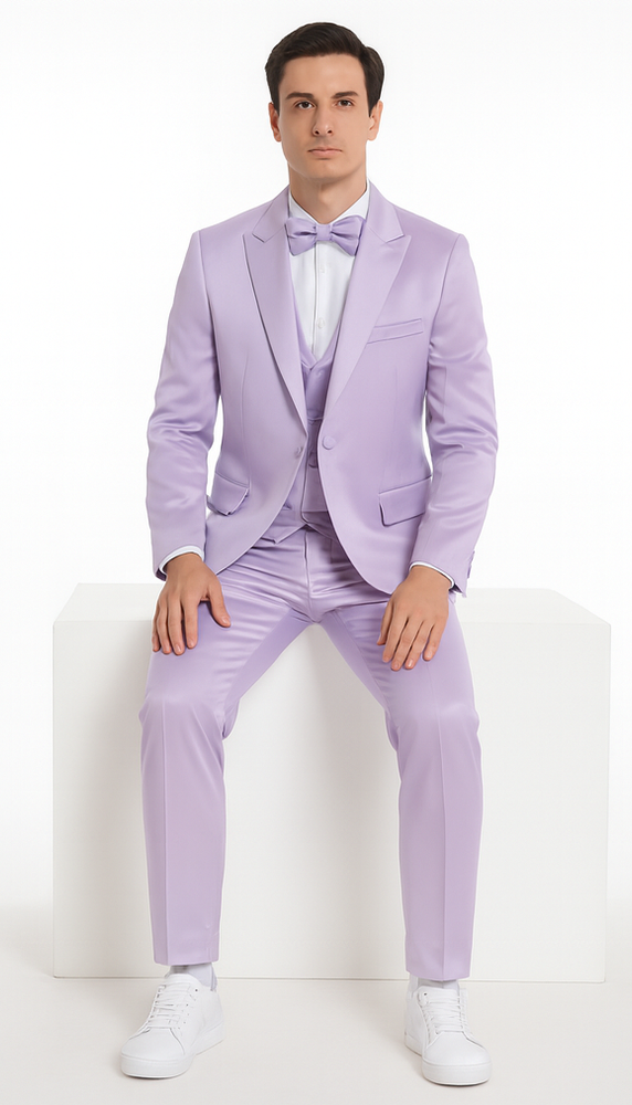 Lavender Satin 3 Piece Slim Fit Tazzio Men's Suit with Double Breasted Vest and Peak Lapel
